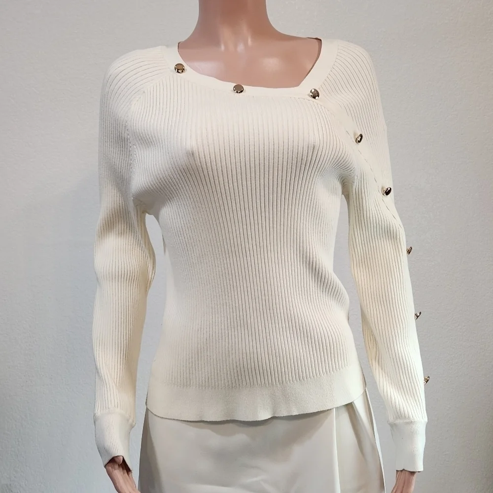 Anthropologie Milly Asymmetric Button Placket Ribbed White & Gold Sweater Sz L